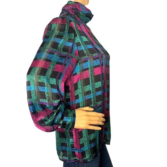 Vintage 80s Jewel Tone Abstract Plaid High Neck Satin Polyester Blouse - Picture 3 of 5